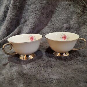 Set of 2 Flintridge China Gray Tea Cup with Roses, Made in California